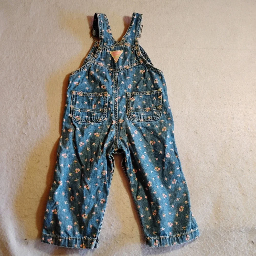 Vintage OshKosh Bgosh Baby Girls Floral‎ Denim Overalls Blue Pink 18 Months